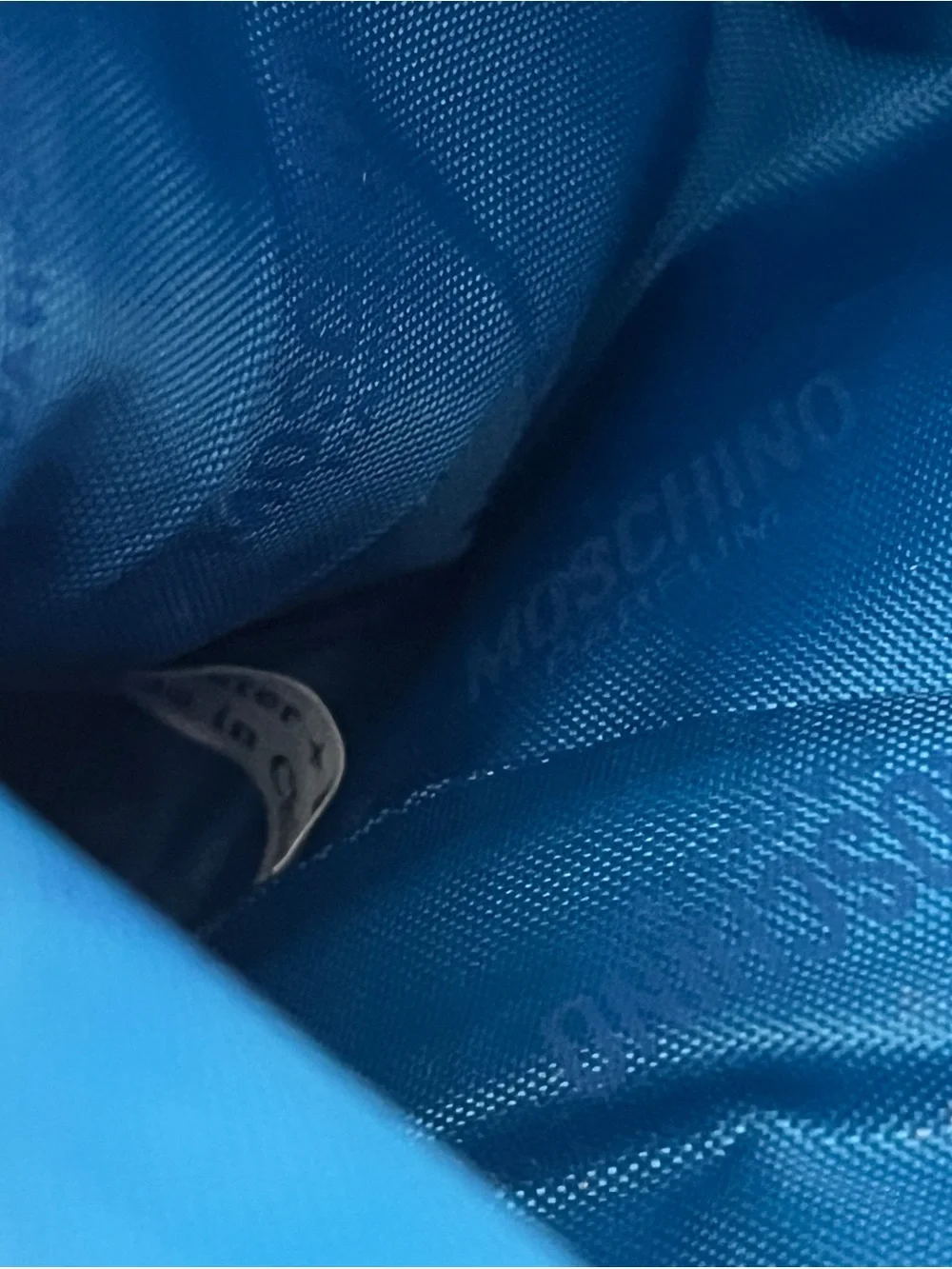 Moschino Bright Blue Cosmetic Pouch with Red Trim and 'Fresh' Charms